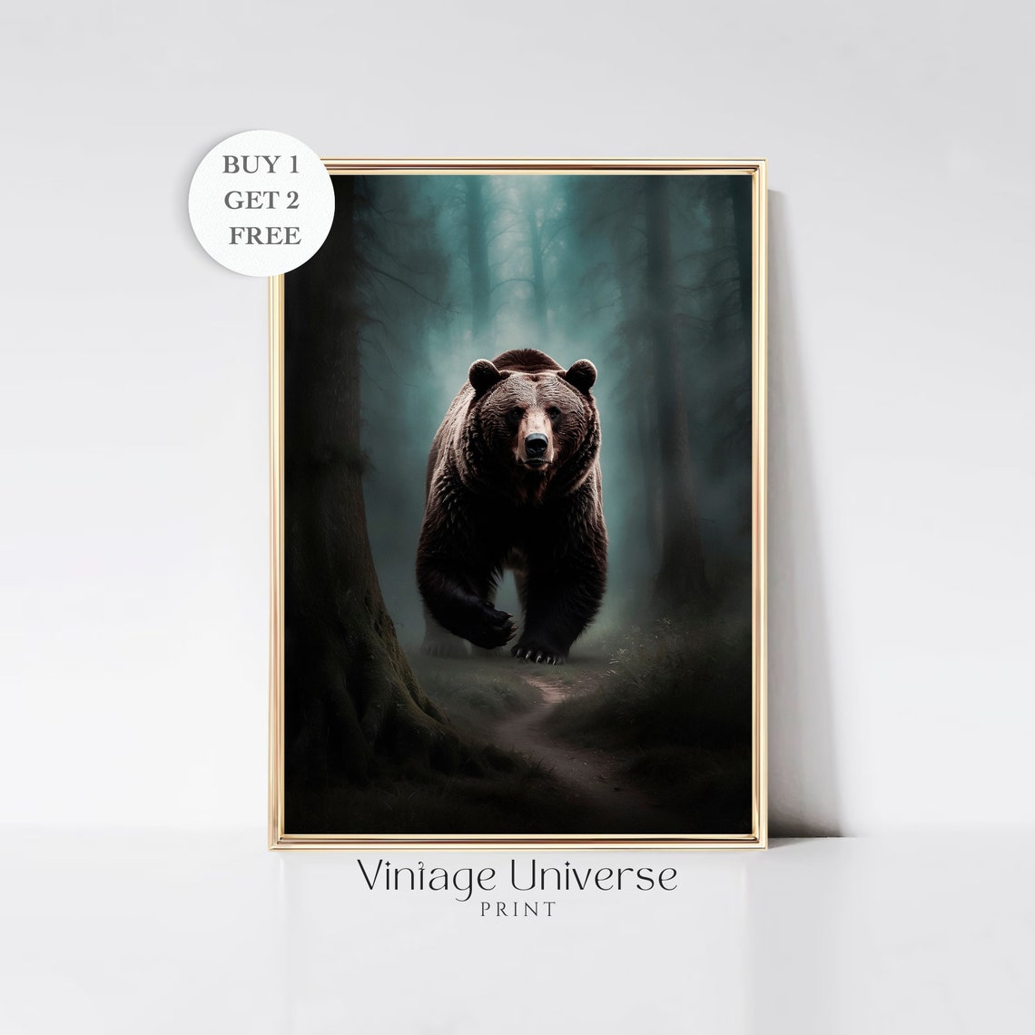 Brown Bear Charging Through a Misty Dark Forest Wildlife Wall Art