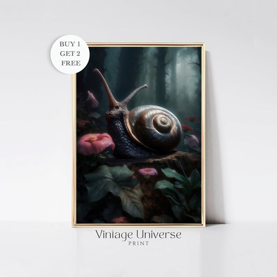 Giant Snail on a Log in a Misty Forest with Pink Flowers Art Print