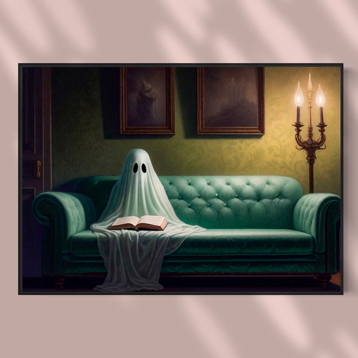 Friendly Ghost Reading a Book on a Green Velvet Sofa Spooky Cute Poster - Image 3