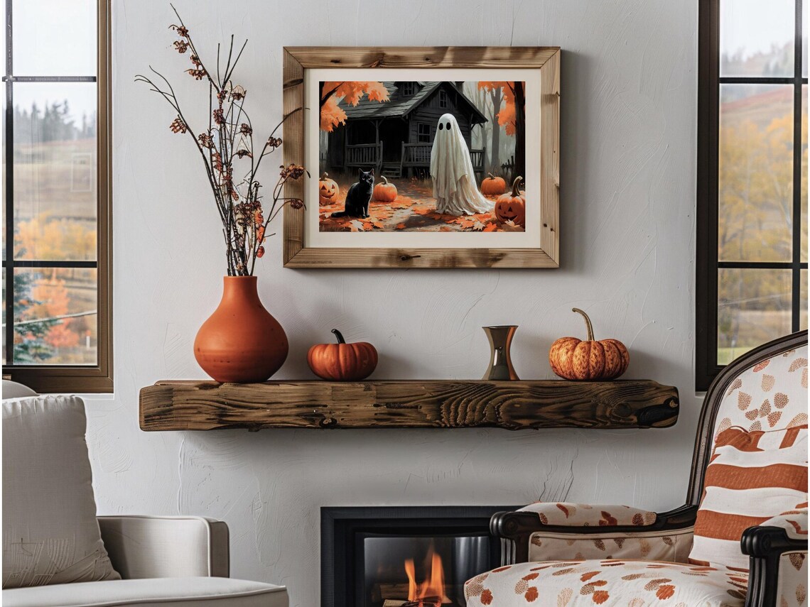 Ghost And Black Cat At A Haunted Autumn Cabin With Jack O Lanterns Art Print - Image 4