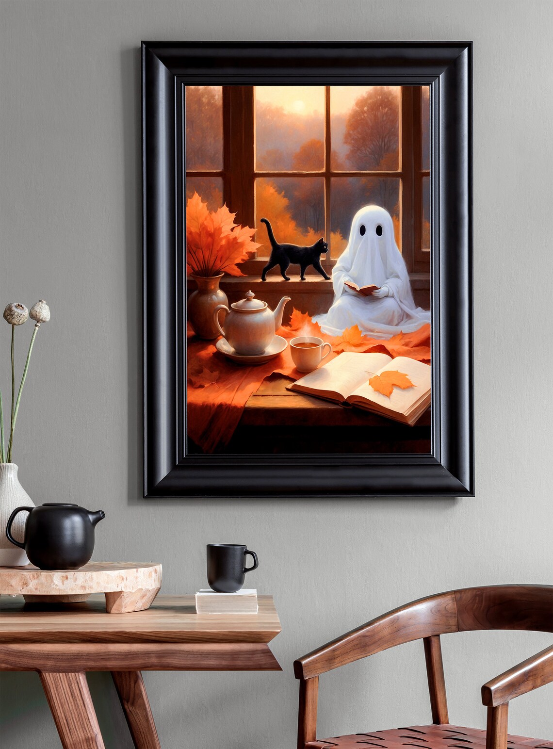 Cute Ghost Reading Book By Autumn Window With Cat And Tea Fall Painting Poster - Image 3
