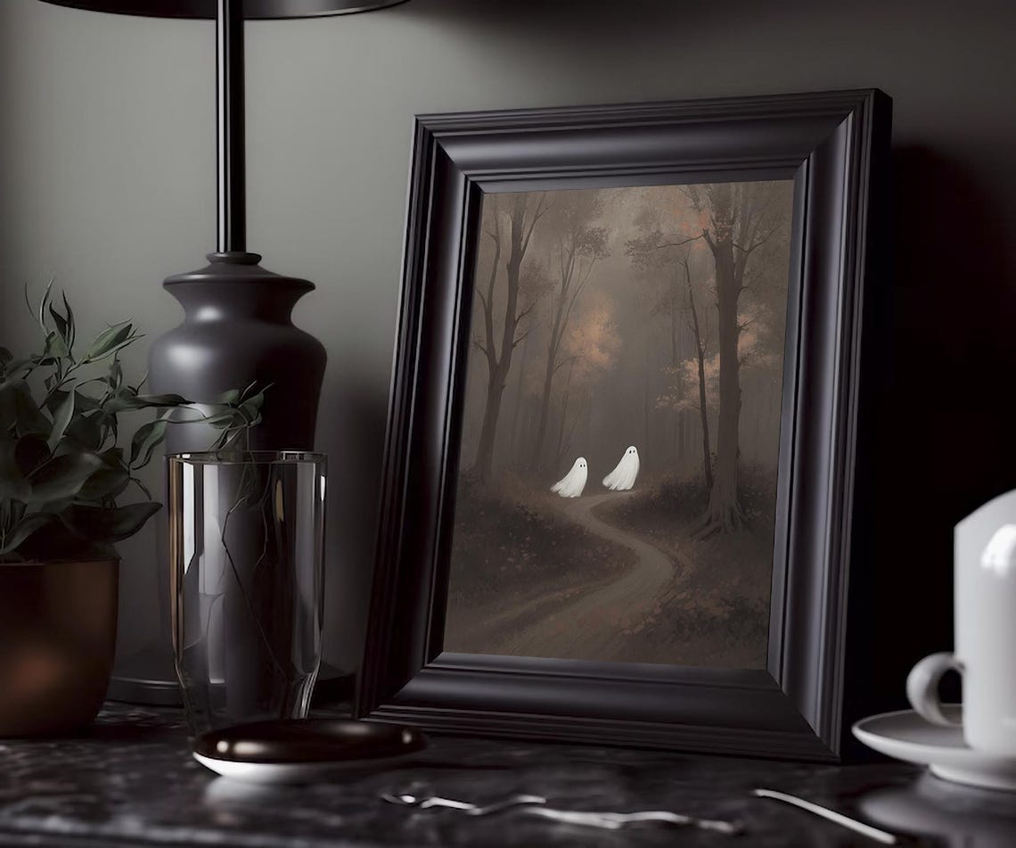 Two Ghosts On A Misty Forest Path Dark Moody Halloween Poster - Image 2