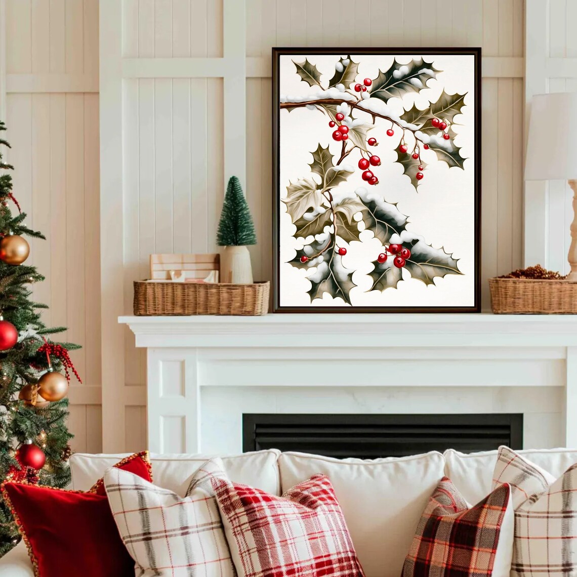 Snowy Holly Branch with Red Berries Vintage Christmas Poster - Image 4