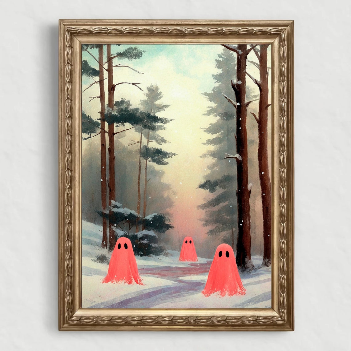 Three Pink Ghosts on Snowy Forest Path at Golden Sunset Print - Image 4