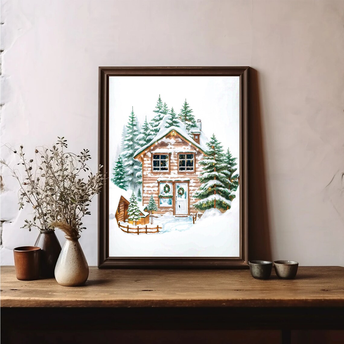 Christmas Cabin Print Holiday Wall Art Christmas House Print Winter Forest Scene Print Farmhouse Christmas Decor Snowy Holiday Art - Image 2
