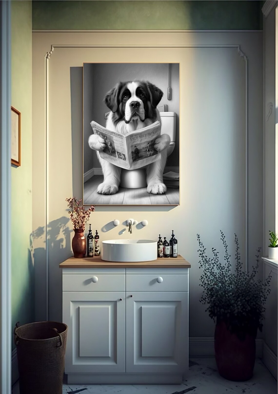 Saint Bernard Reading A Newspaper On The Toilet Funny Dog Poster - Image 3