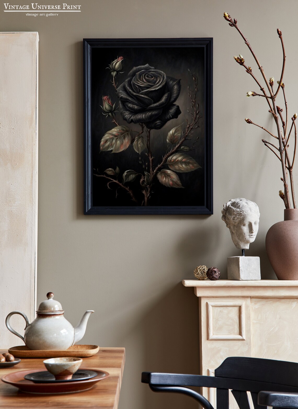 Dark Black Rose Bloom Moody Vintage Floral Oil Painting Wall Art - Image 2