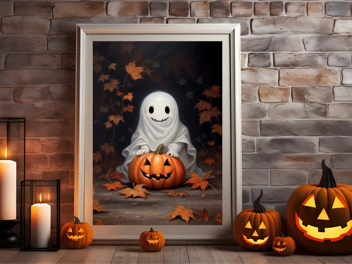 Cute Ghost With Jack O Lantern Among Falling Autumn Leaves Poster - Image 4