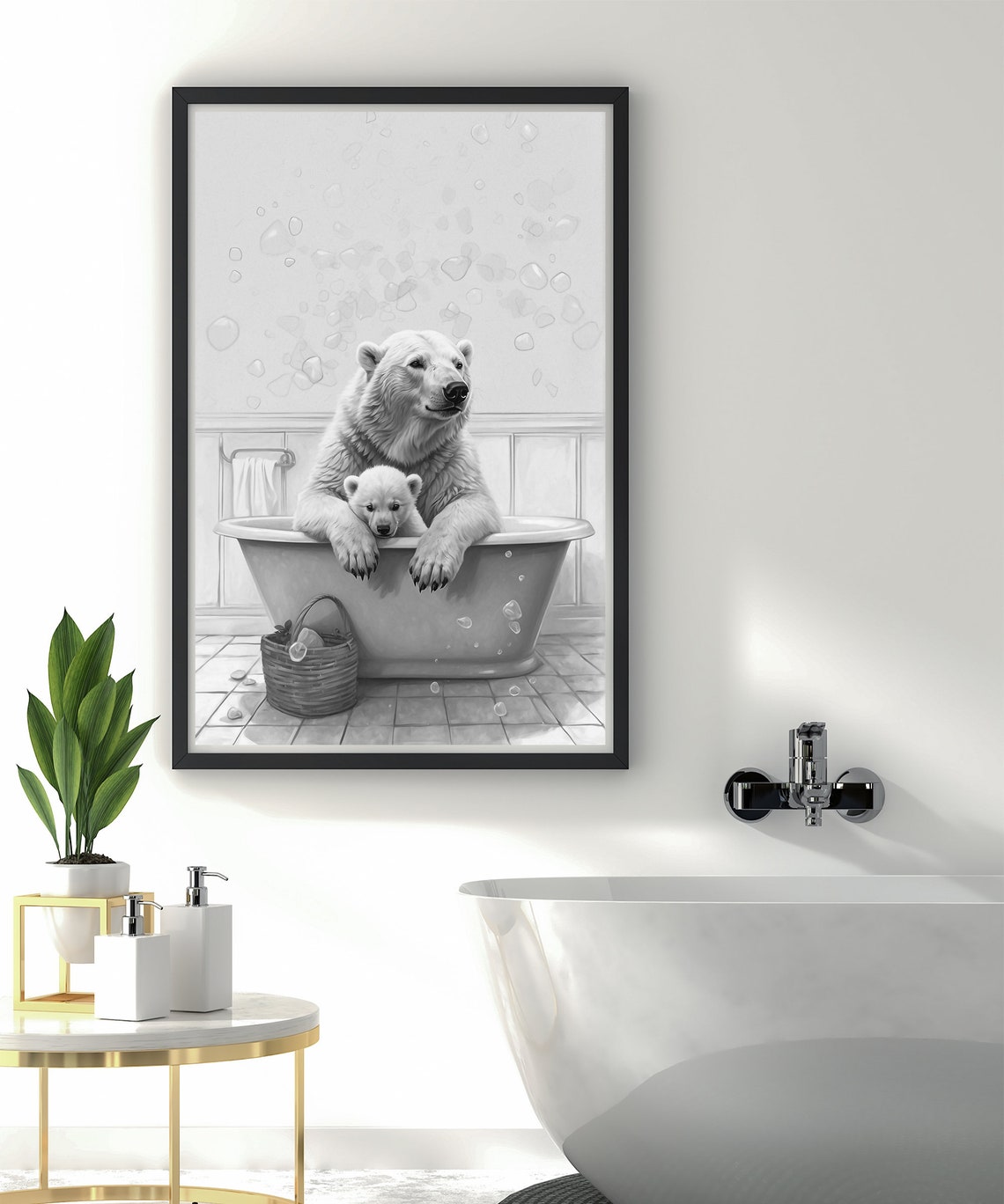 Polar Bear And Cub In A Bubble Bathtub Black And White Poster - Image 2