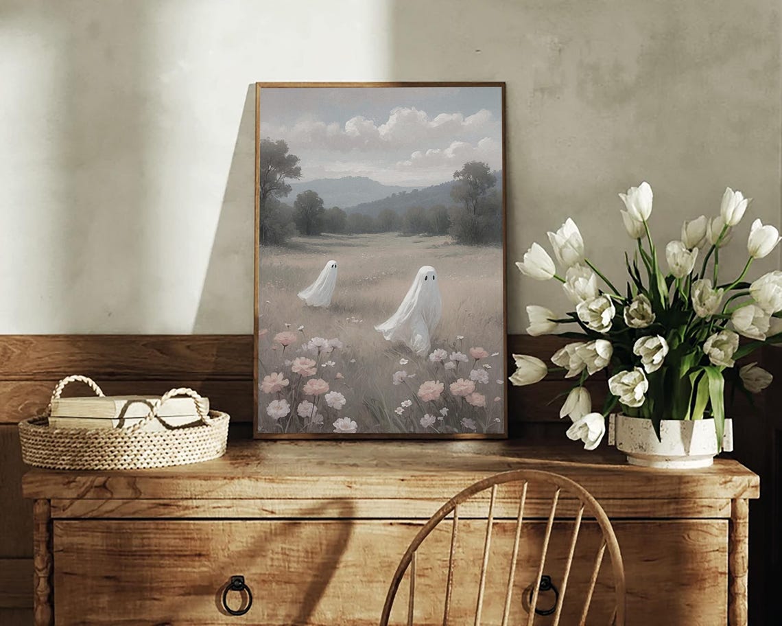 Two Ghosts In Flower Meadow With Hills Cute Halloween Poster - Image 5