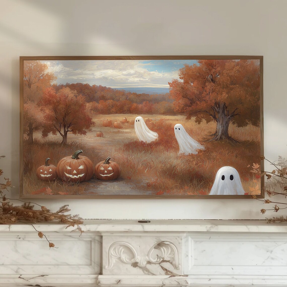 Cute Ghosts And Jack O Lanterns Pumpkin Field Halloween Poster - Image 2