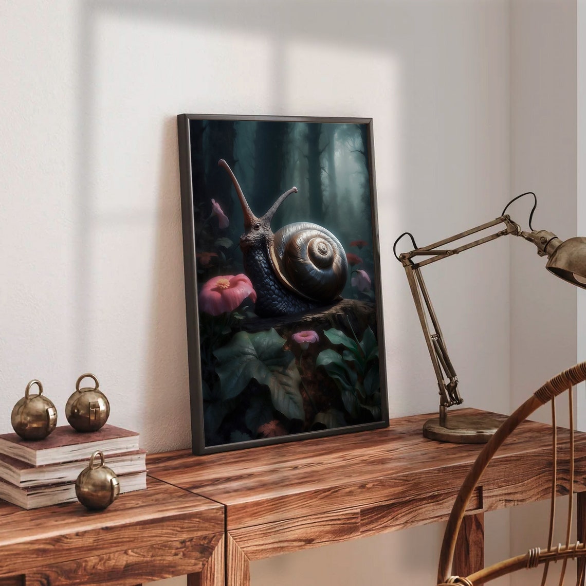 Giant Snail on a Log in a Misty Forest with Pink Flowers Art Print - Image 2