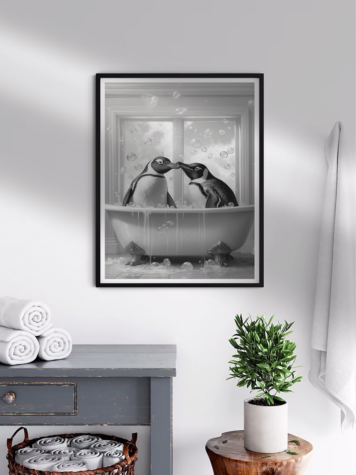 Two Penguins in a Bathtub Black and White Vintage Animal Art Print - Image 3