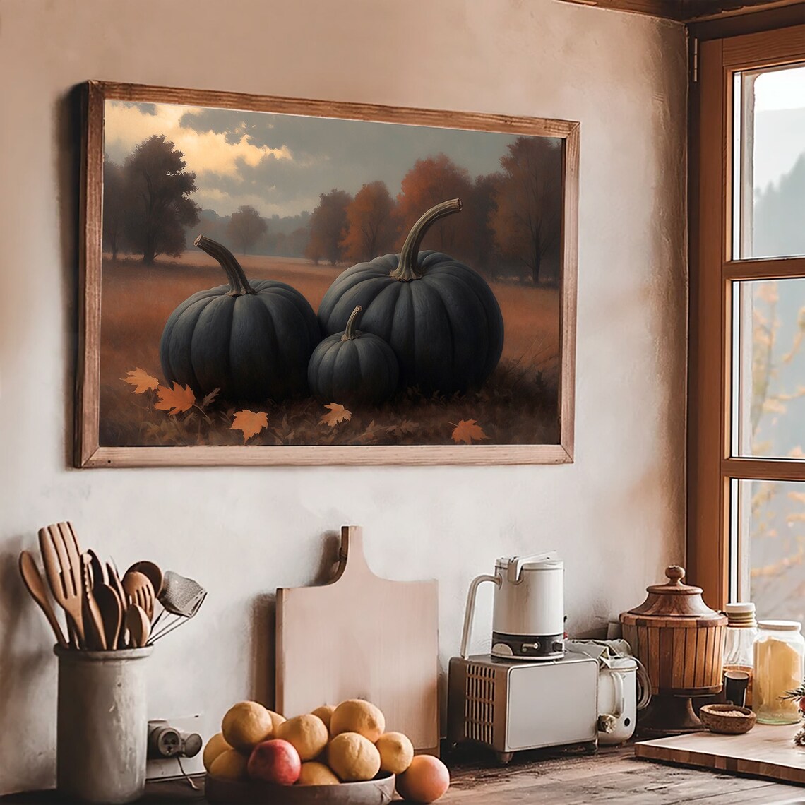 Black Pumpkins In Moody Autumn Field Fall Harvest Decor Poster - Image 2