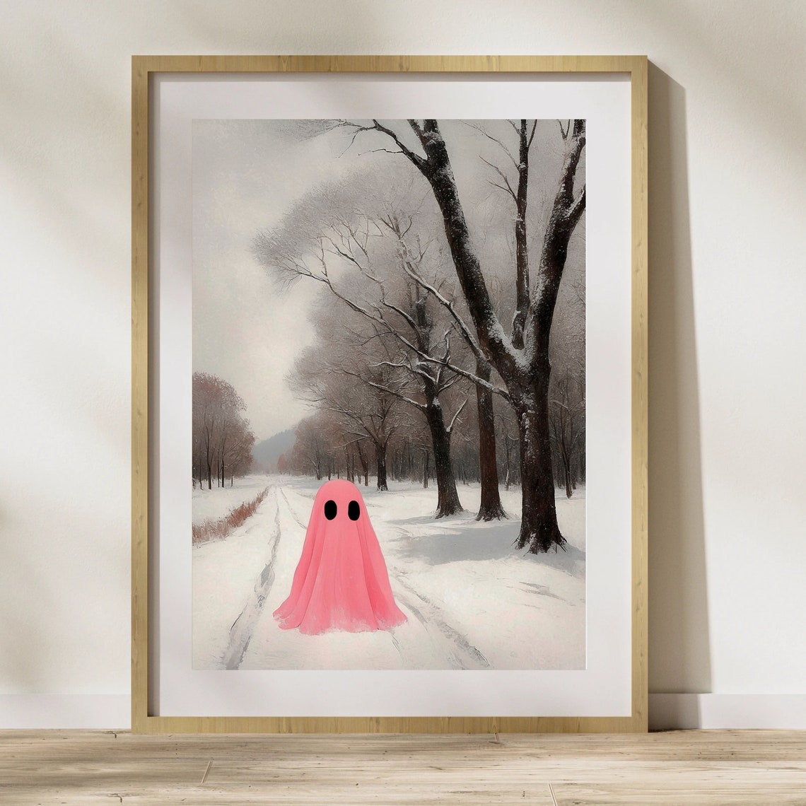 Pink Ghost on Snowy Path Among Tall Frosted Winter Trees Print - Image 3