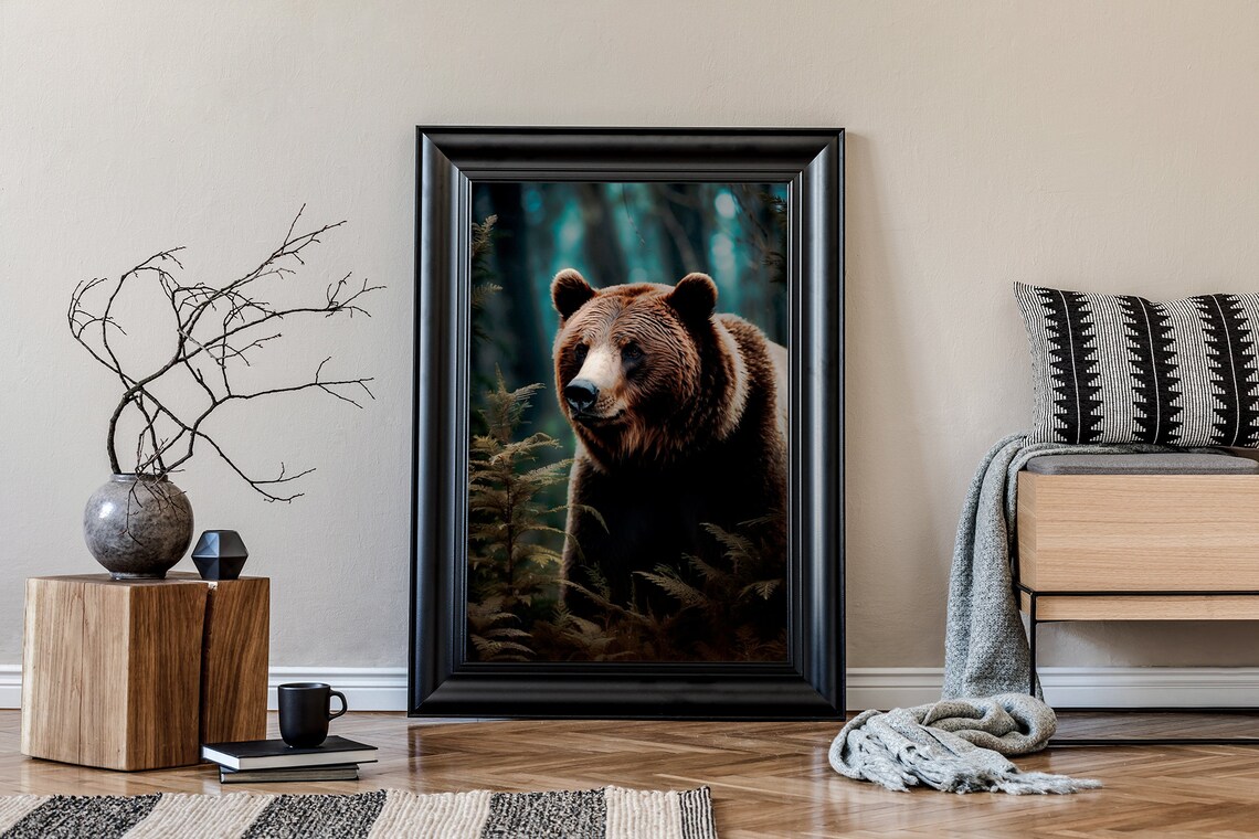 Brown Bear Portrait in a Fern-Filled Misty Forest Wildlife Wall Art - Image 3