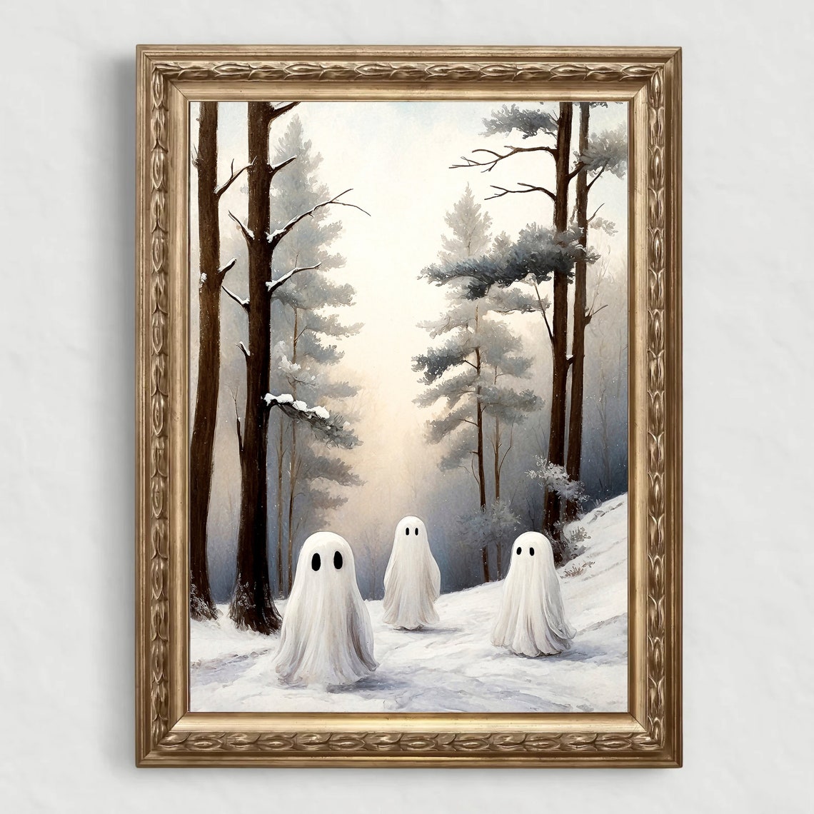 Three Ghosts in Misty Snowy Pine Forest Quiet Winter Scene Print - Image 4