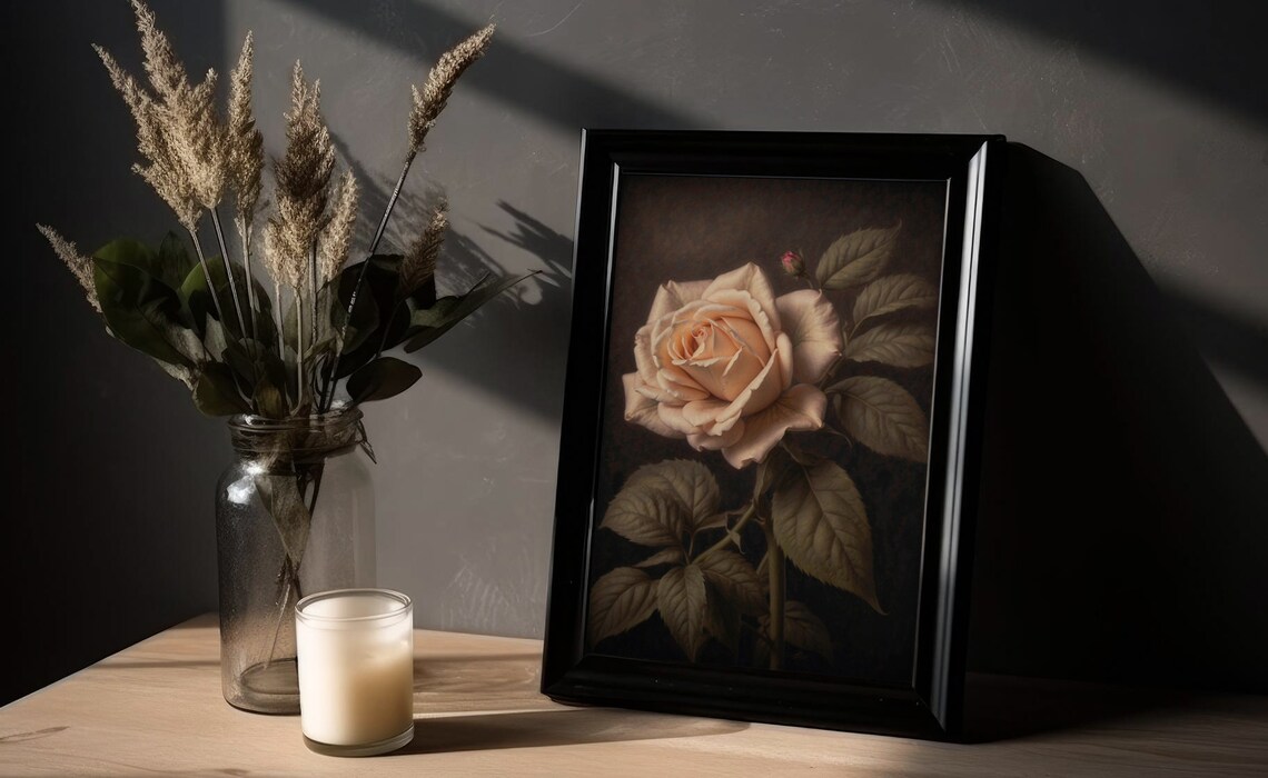 Blush Pink Rose Botanical Painting On Dark Moody Background Poster - Image 4