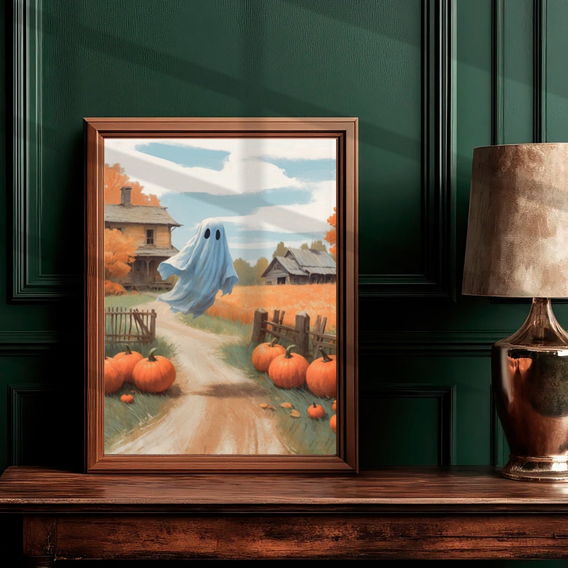 Pumpkin Patch Ghost Vintage Painting Halloween Home Decor Fall Wall Art Halloween Painting Cute Ghost Fall Print 176 - Image 2