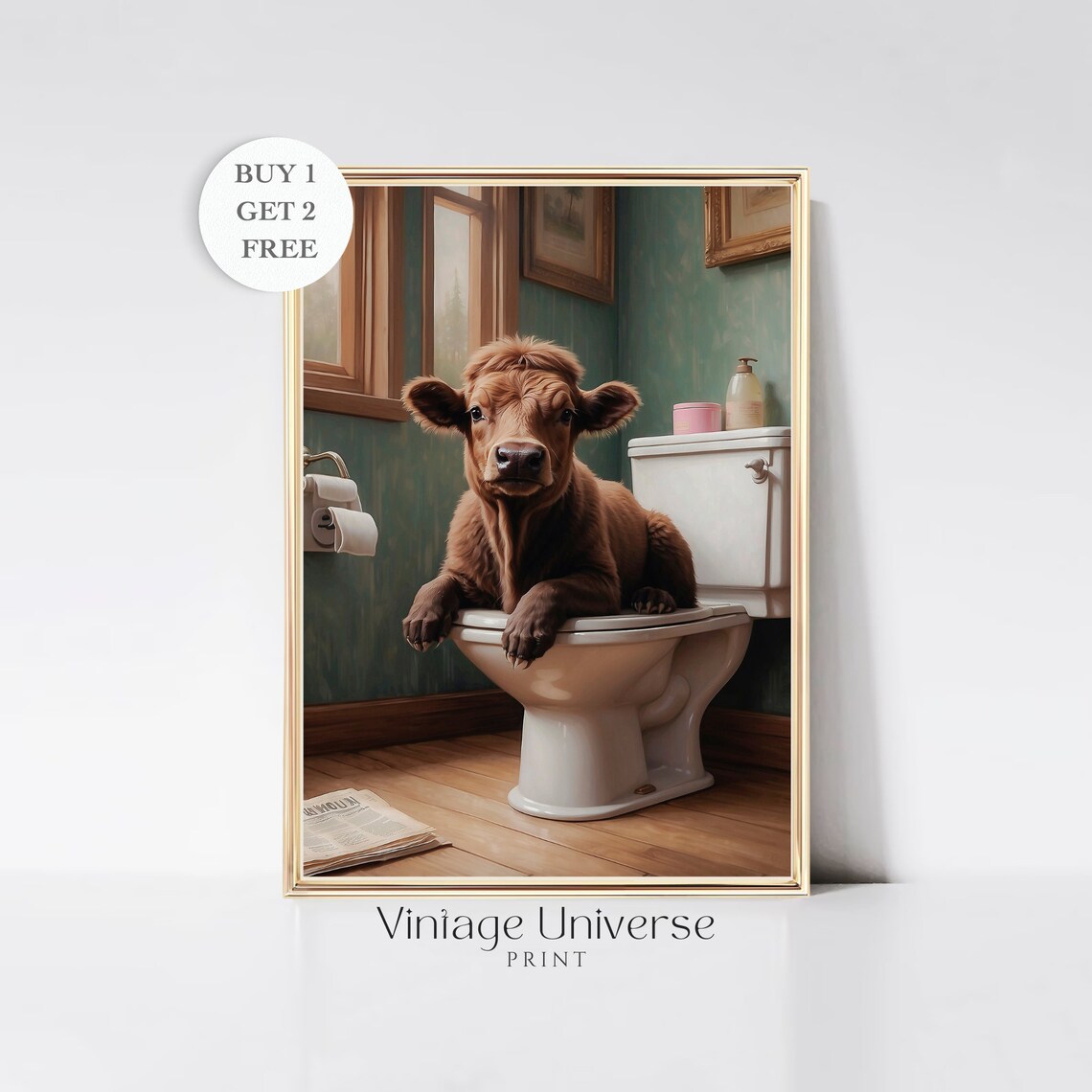 Cute Brown Calf Sitting On A Toilet Funny Farm Animal Poster