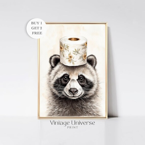 Cute Raccoon Portrait with a Floral Toilet Paper Roll on Its Head Print