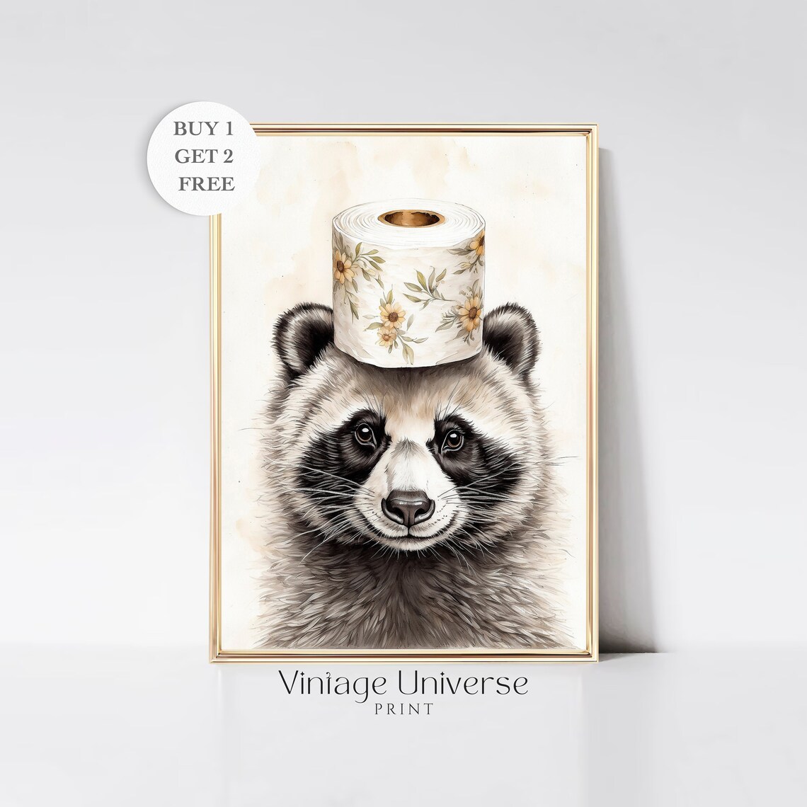 Cute Raccoon Portrait with a Floral Toilet Paper Roll on Its Head Print