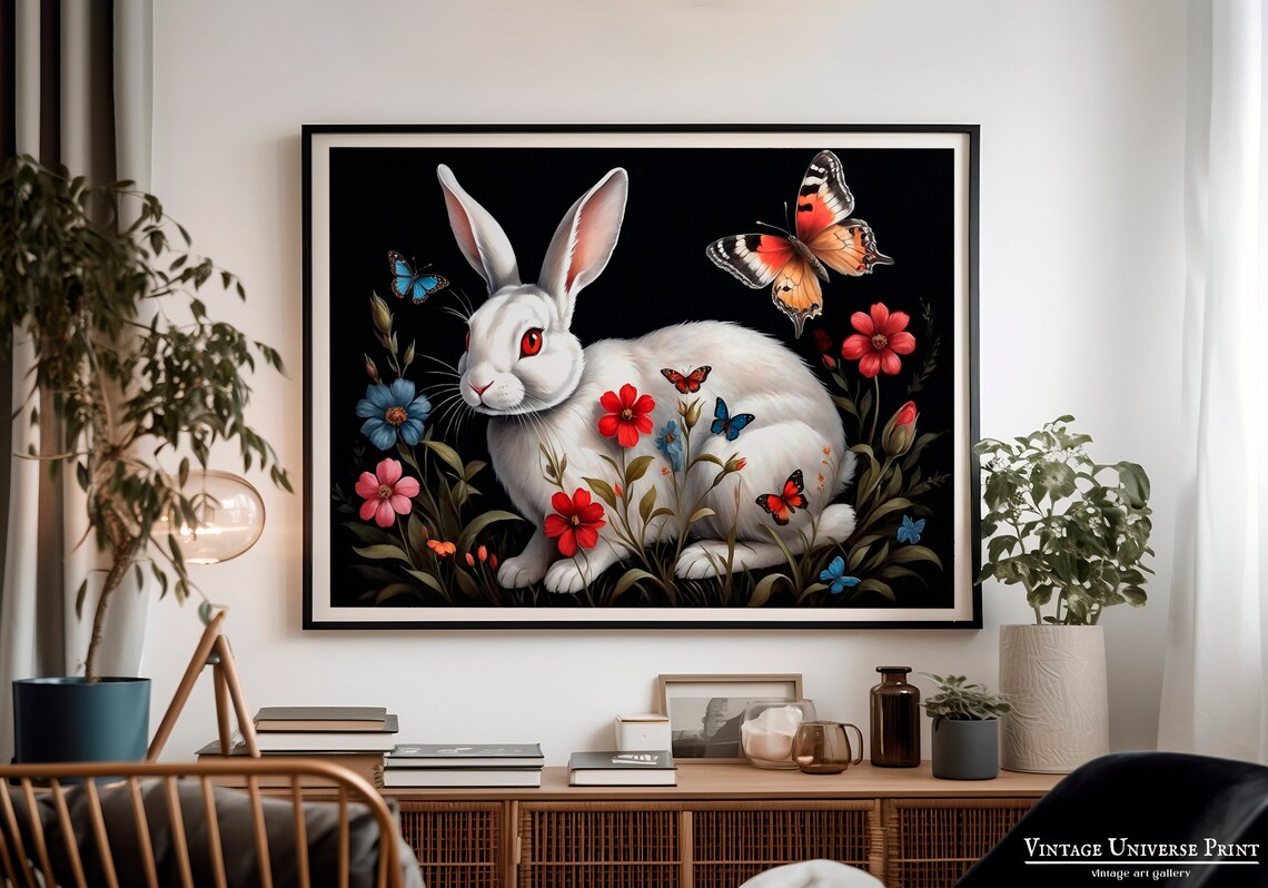 White Rabbit with Colorful Butterflies Dark Floral Art Poster - Image 3