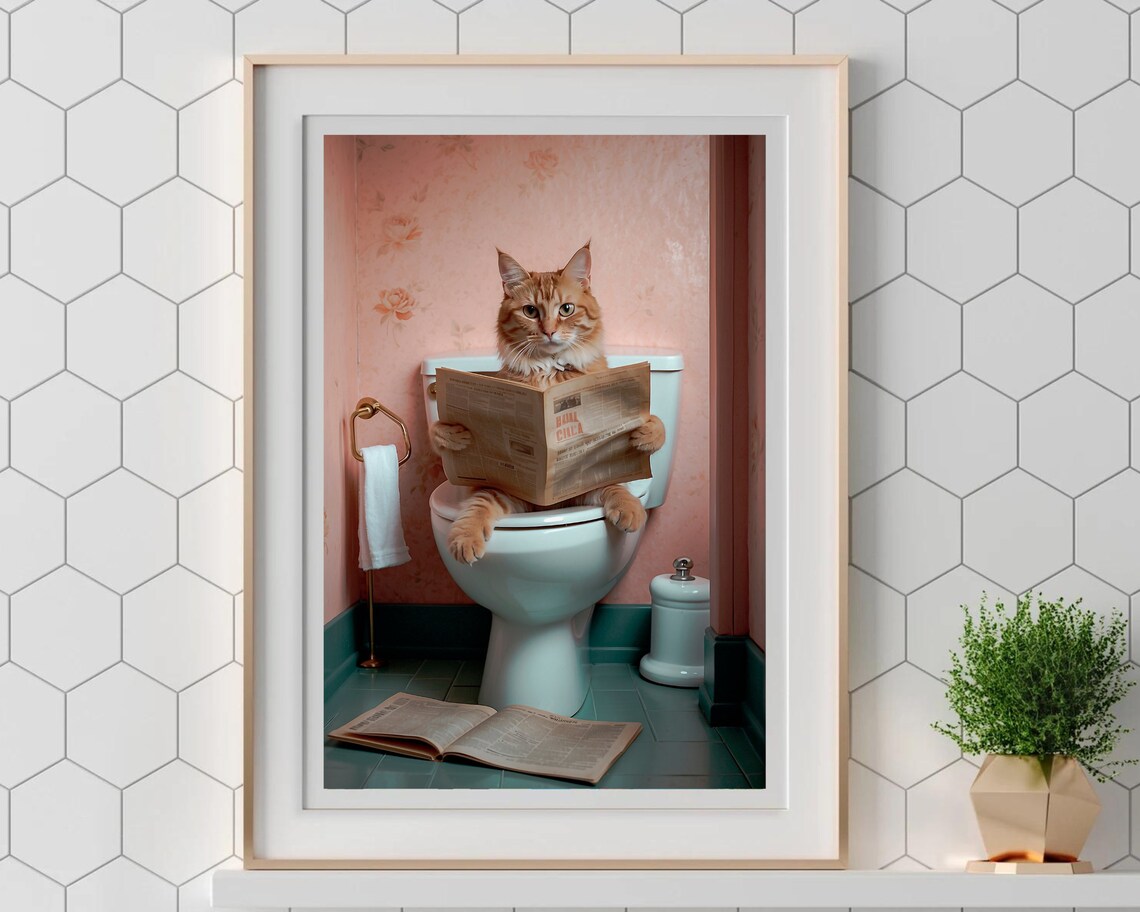 Orange Cat Reading Newspaper On Toilet Funny Cat Bathroom Poster - Image 5