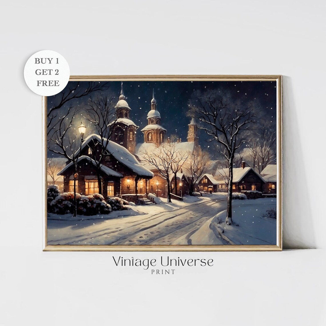 Snowy Village Night Glowing Church Falling Snow Winter Street Poster