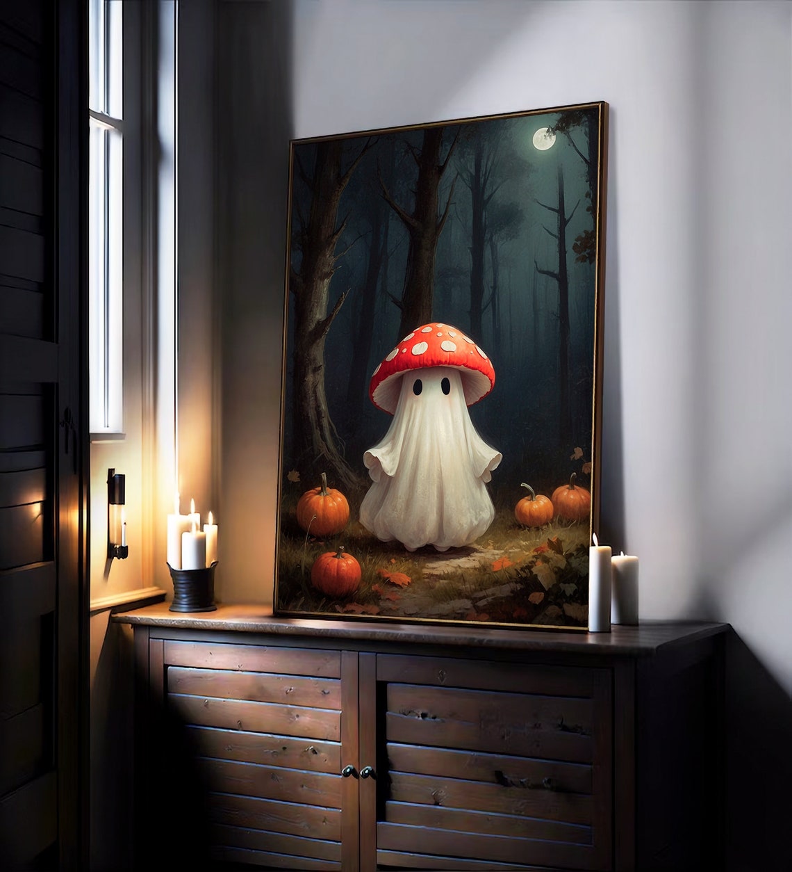 Ghost Wearing Mushroom Cap Moonlit Forest Pumpkin Halloween Print - Image 3