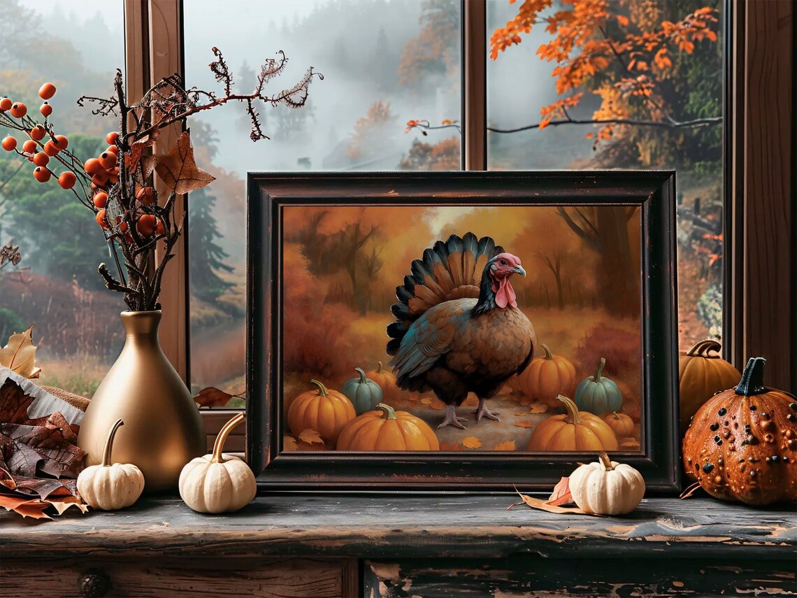 Turkey Among Pumpkins Autumn Forest Thanksgiving Vintage Art Poster - Image 3