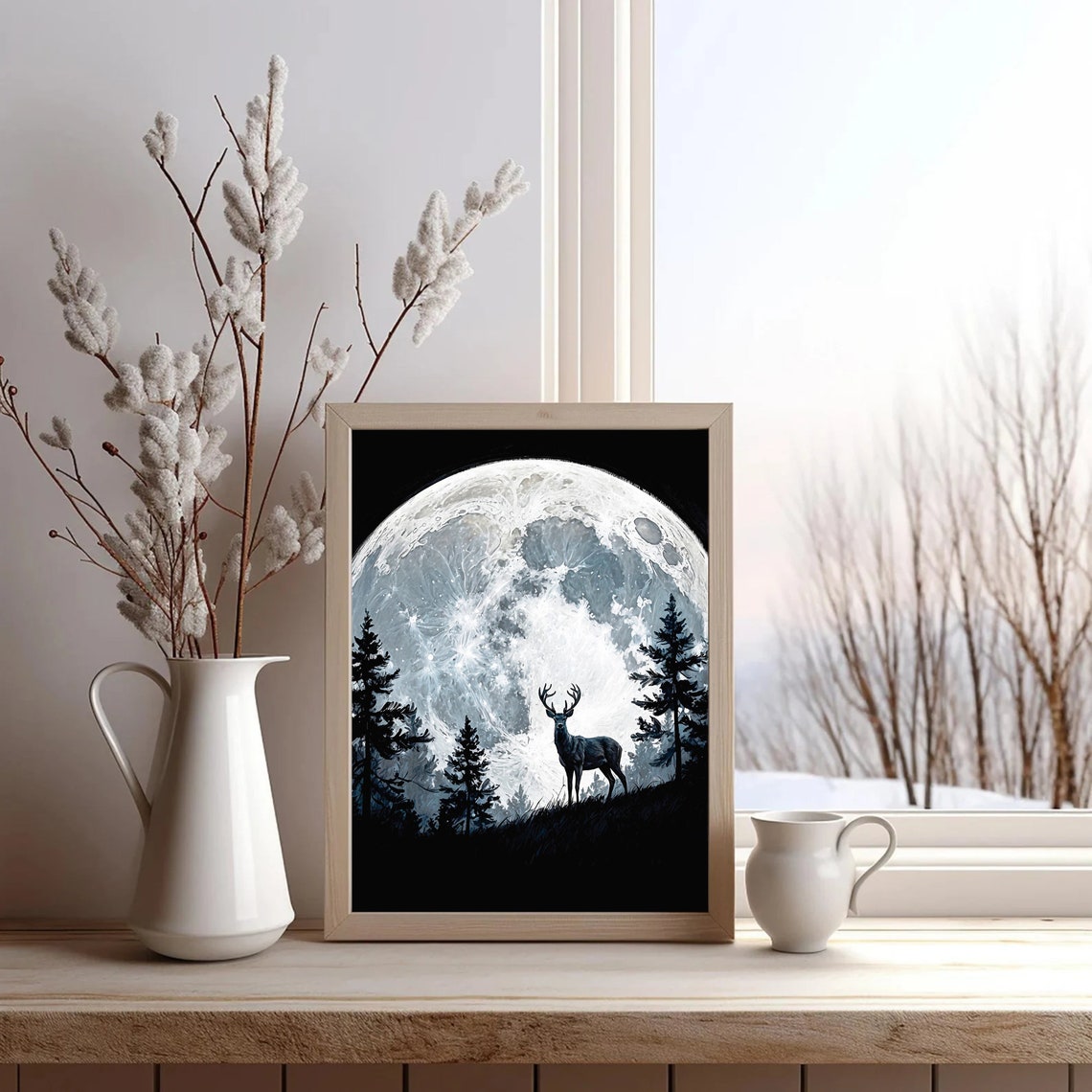 Stag Under Giant Full Moon in Pine Forest Night Sky Art Print - Image 2
