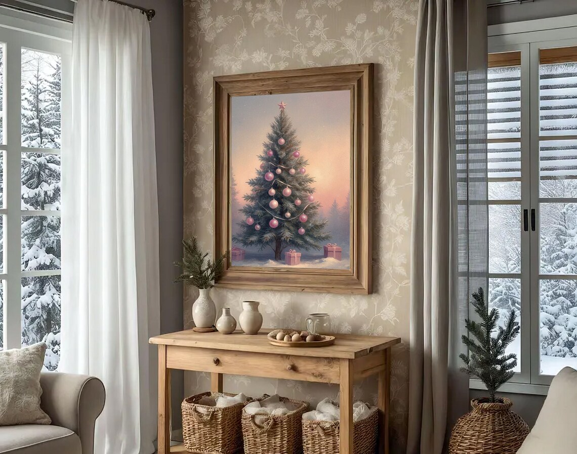 Christmas Tree With Pink Ornaments And Gifts Festive Holiday Poster - Image 3