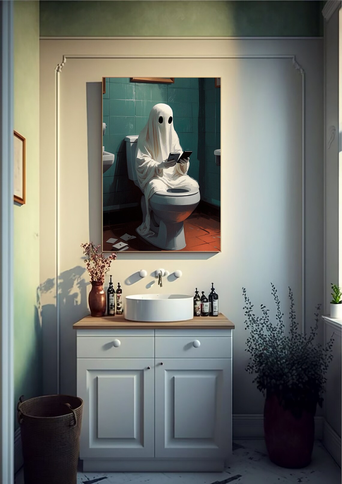 Ghost Sitting On A Toilet Scrolling A Phone In A Teal Bathroom Funny Art Print - Image 2