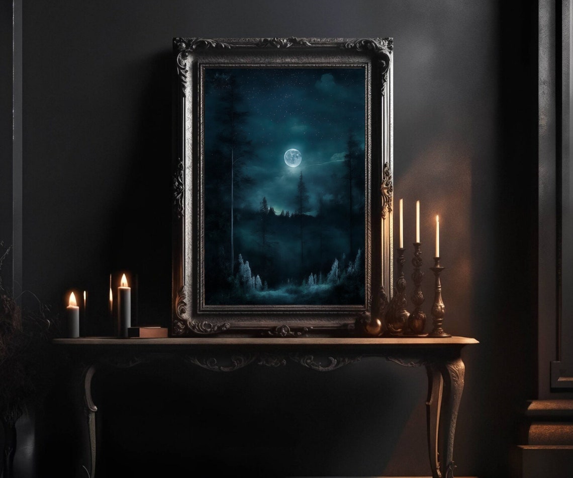 Teal Night Forest Full Moon Starry Sky Moody Celestial Poster - Image 3