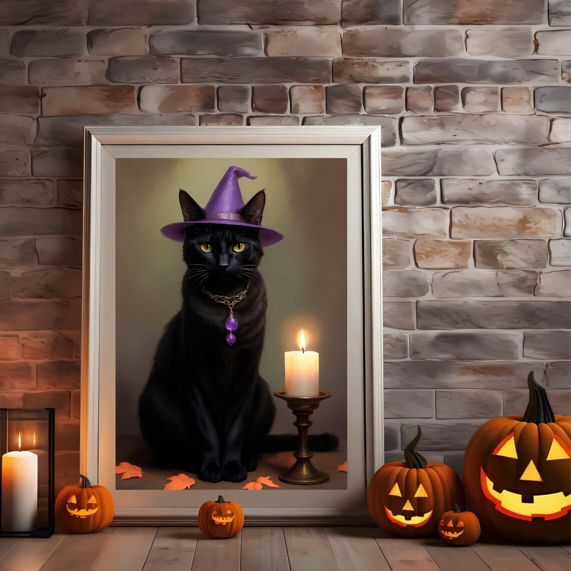 Black Cat Wearing Purple Witch Hat With Candle Halloween Portrait Painting Poster - Image 4