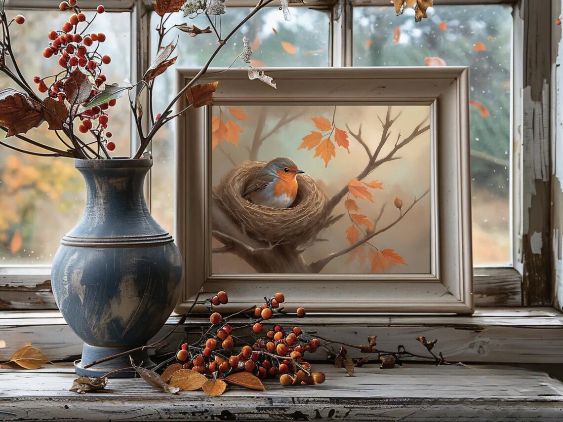 Robin Bird In Nest With Orange Autumn Leaves Vintage Bird Poster - Image 3