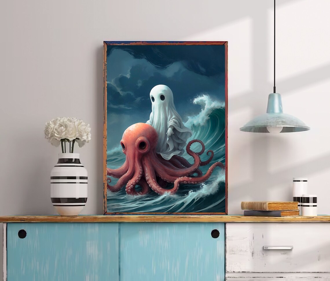 Ghost Riding A Giant Red Octopus On Stormy Ocean Waves Whimsical Art Print - Image 3