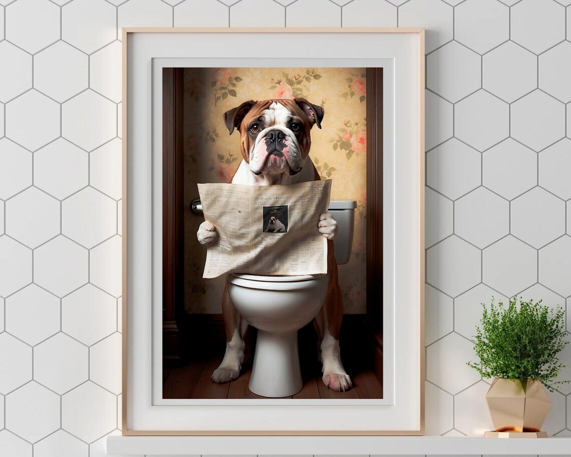 English Bulldog Reading A Newspaper On The Toilet Dog Poster - Image 5