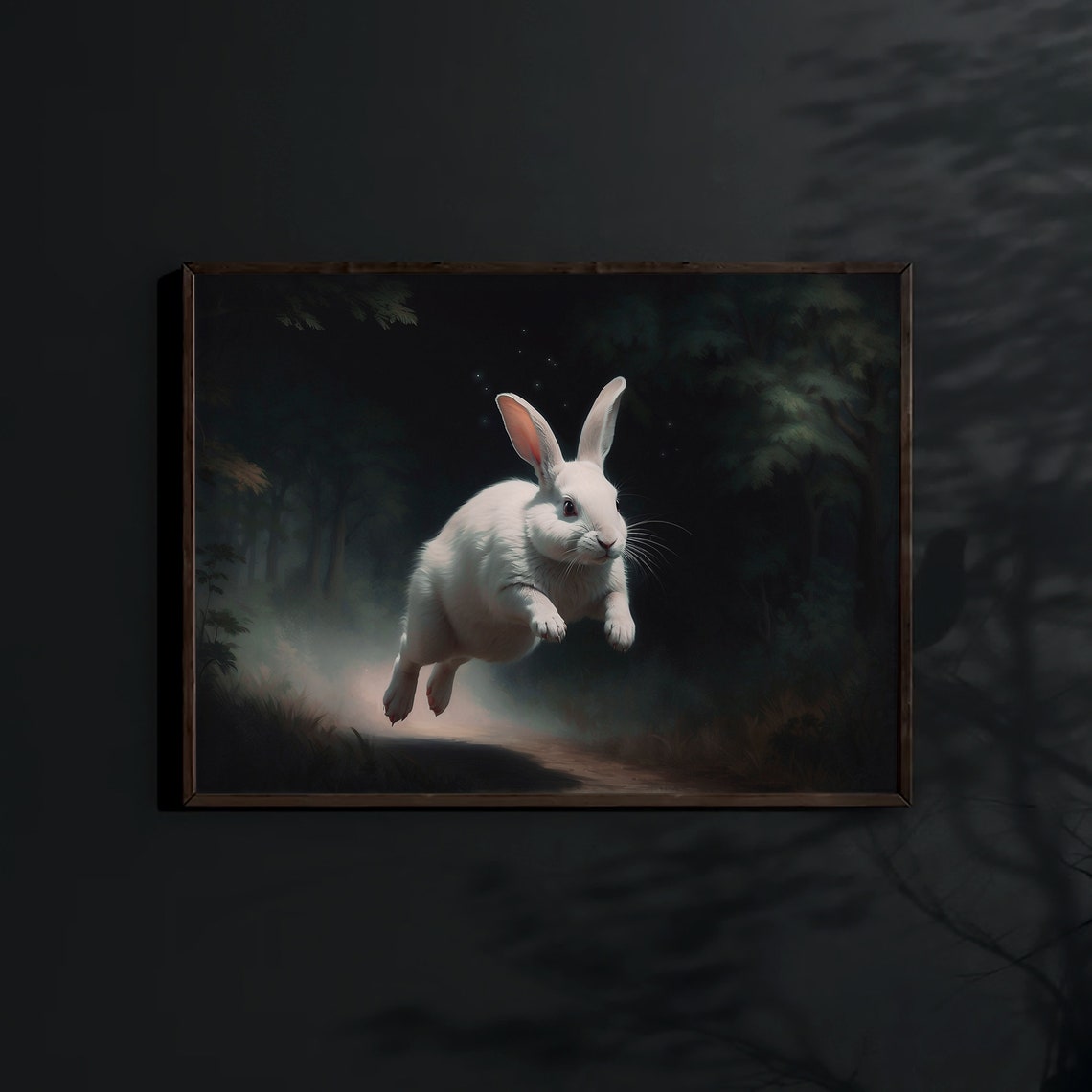 White Rabbit Leaping Through a Dark Misty Forest Night Art Print - Image 4