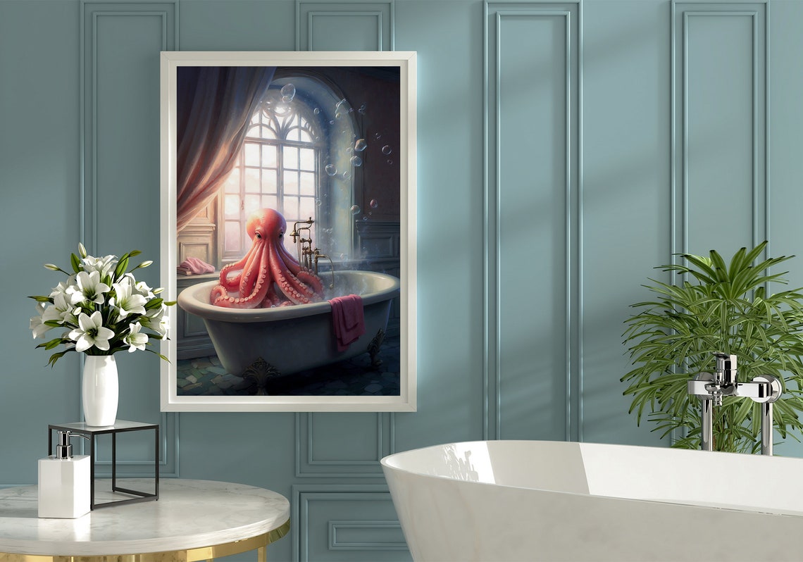 Pink Octopus Soaking In A Clawfoot Bathtub Colorful Bathroom Poster - Image 4