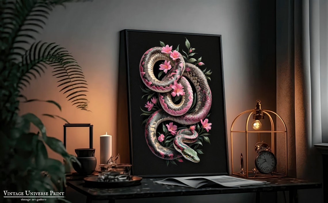 Pink Snake Blossoms Moody Botanical Black Background Wall Art - Image 4