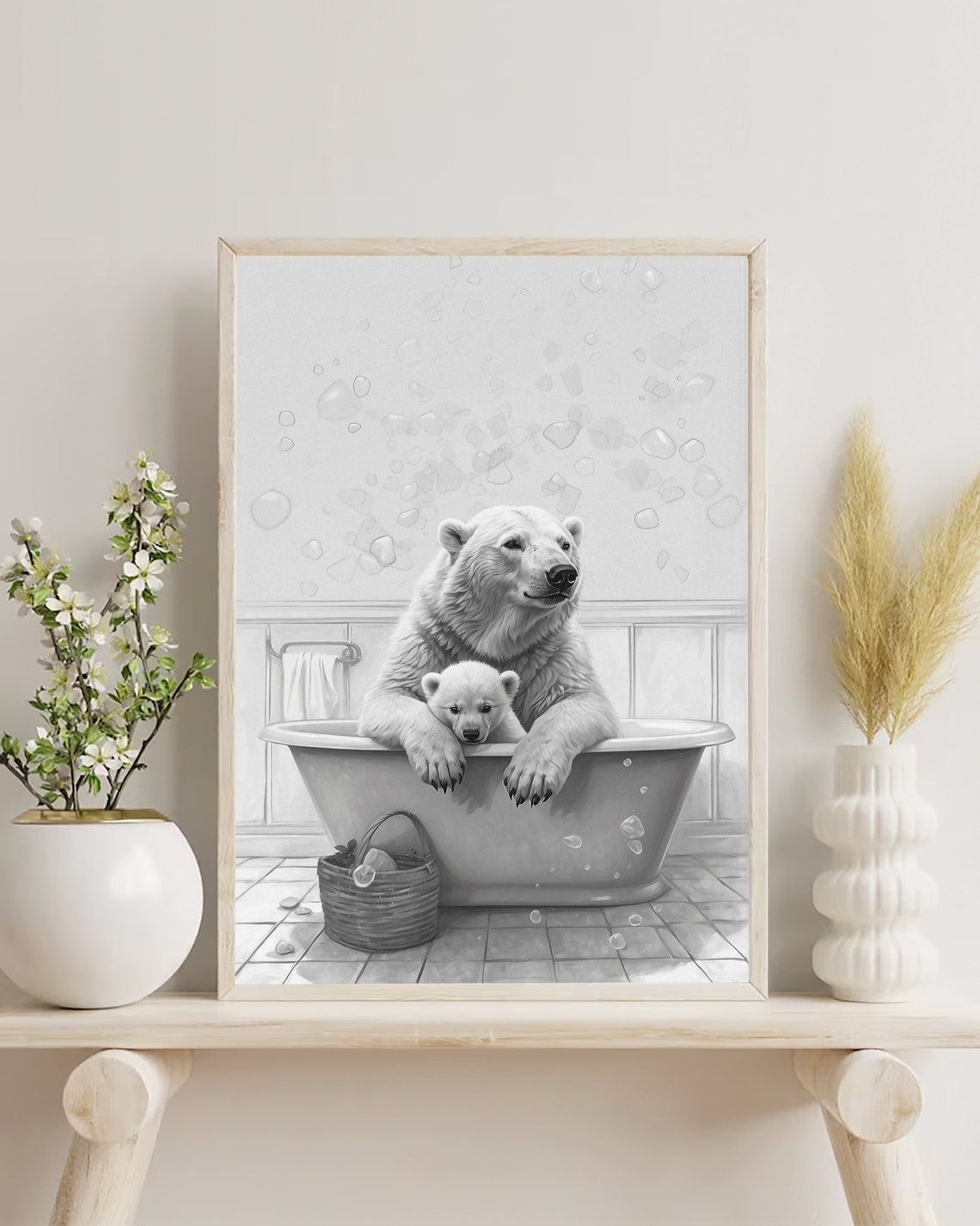Polar Bear And Cub In A Bubble Bathtub Black And White Poster - Image 3