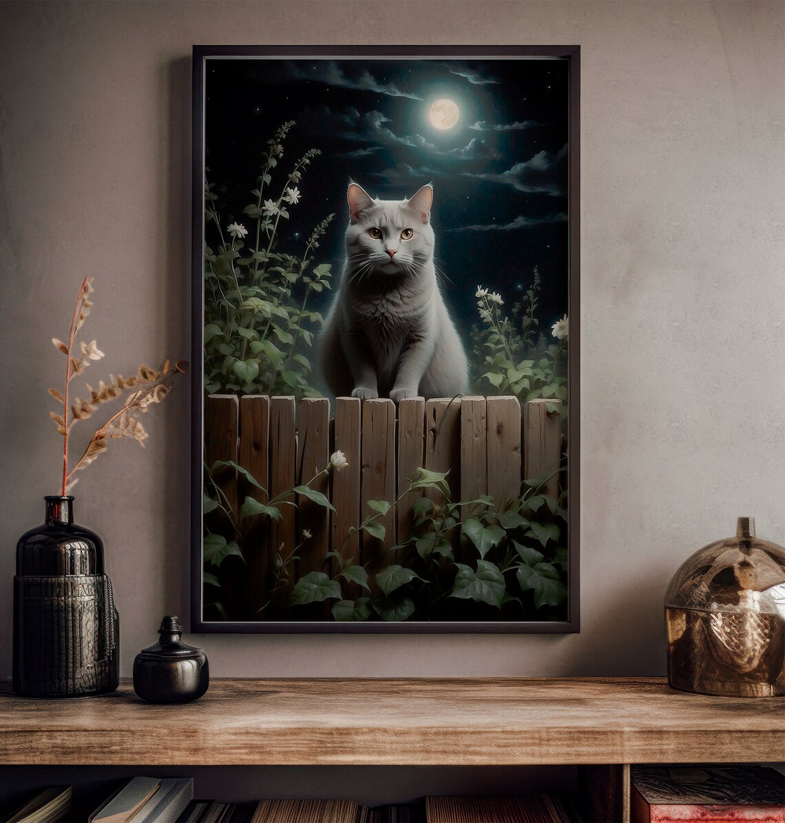 White Cat on a Wooden Fence Under a Moonlit Night Sky Art Print - Image 2
