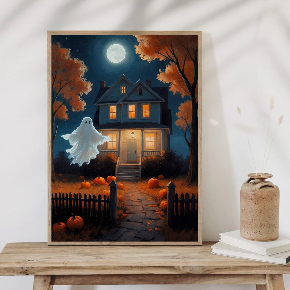 Cute Ghost Over Moonlit Farmhouse With Pumpkins Halloween Painting Poster - Image 4