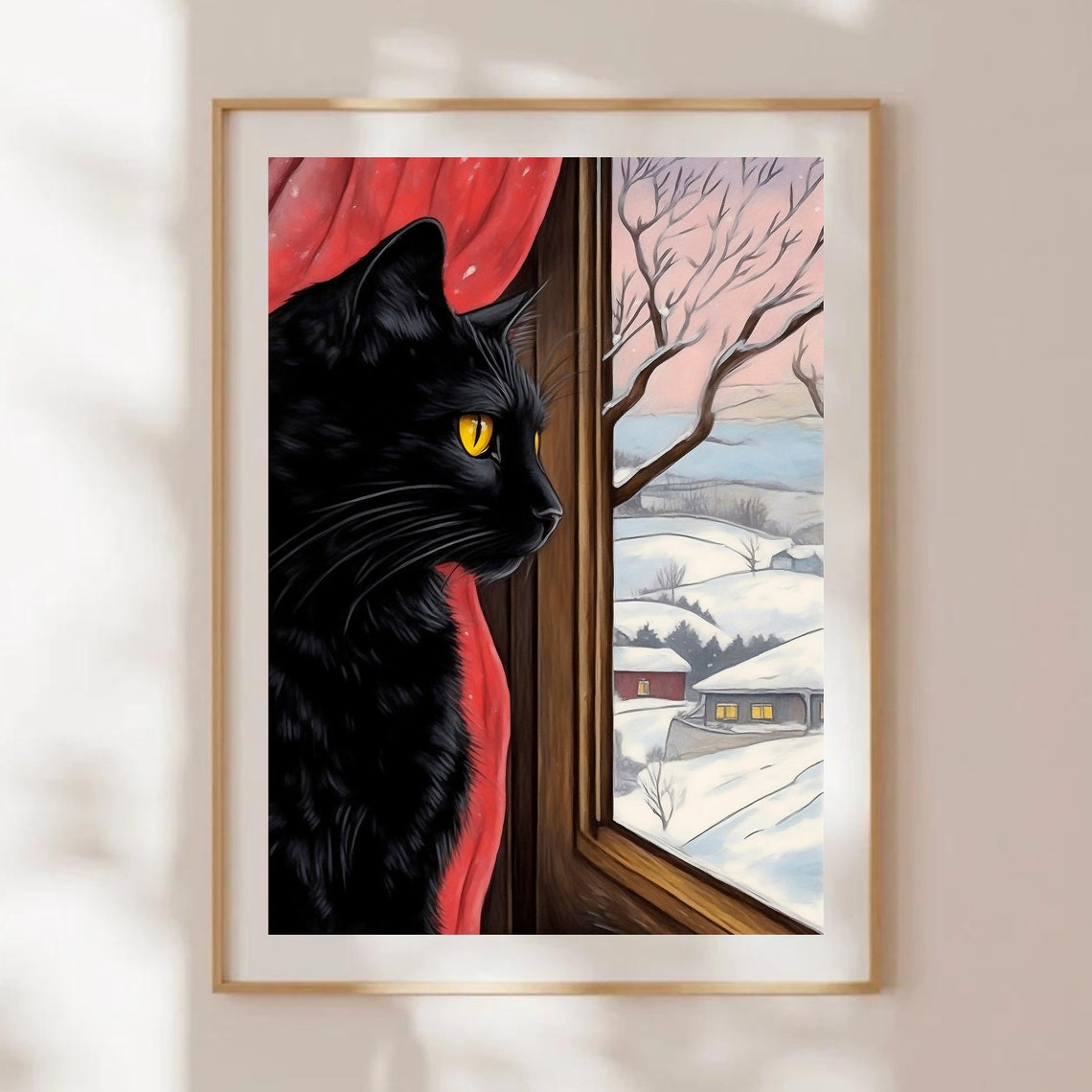 Black Cat Golden Eyes Snowy Village Window Winter Cat Art Poster - Image 3