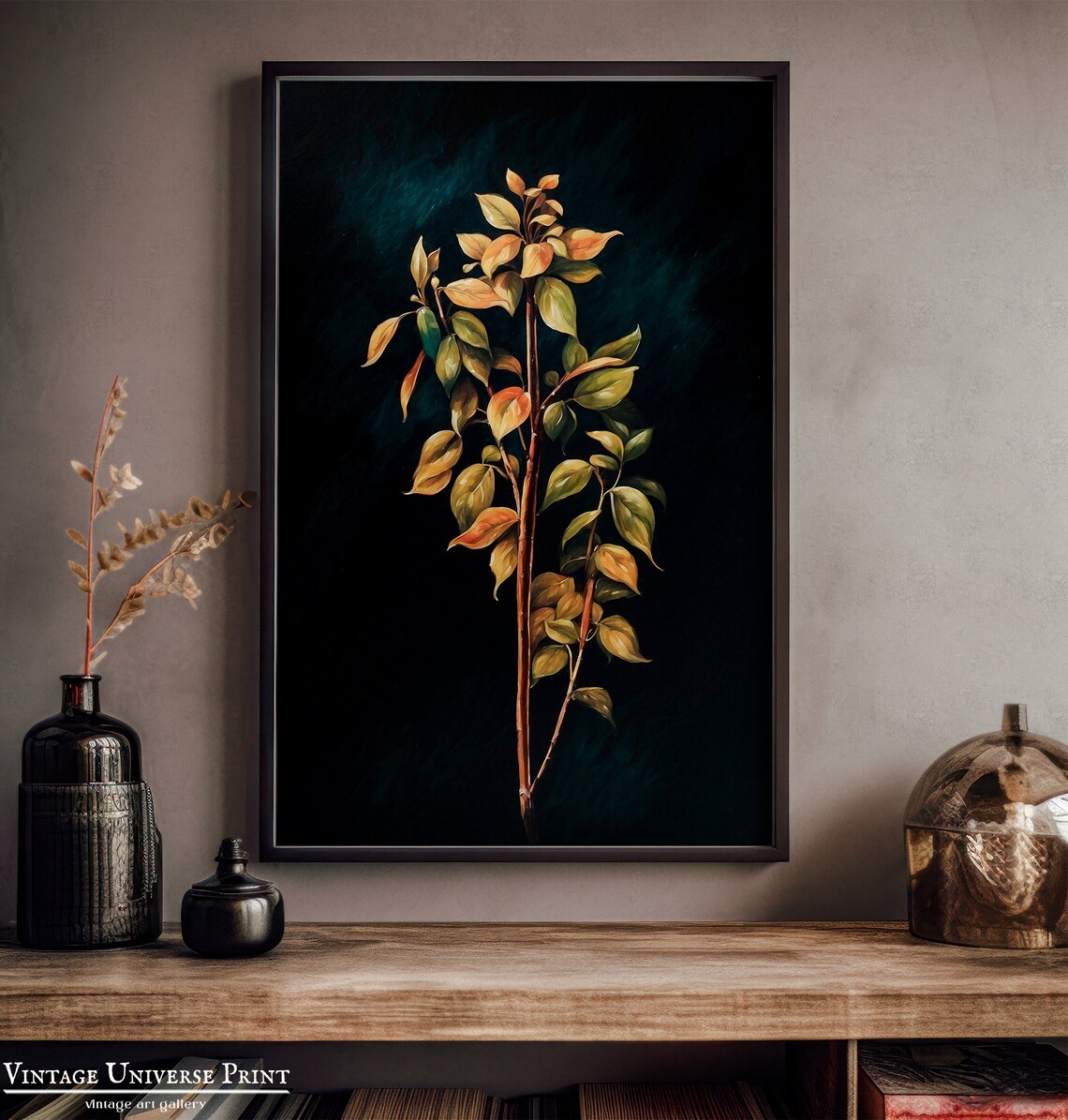 Autumn Branch with Golden Leaves Dark Botanical Study Poster - Image 3