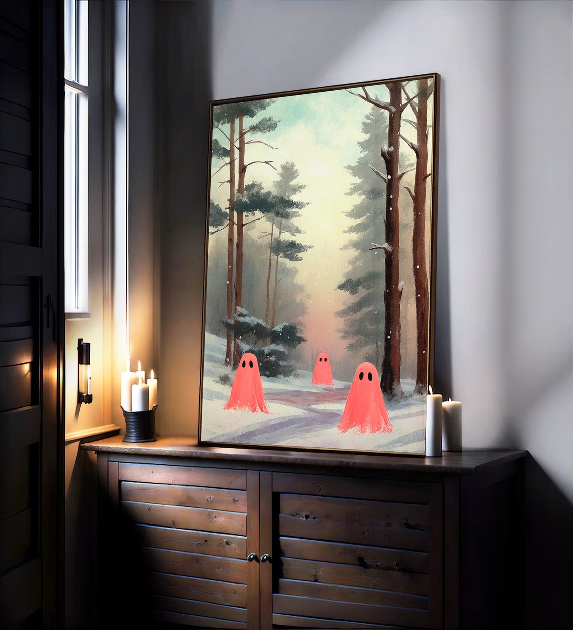 Three Pink Ghosts on Snowy Forest Path at Golden Sunset Print - Image 2