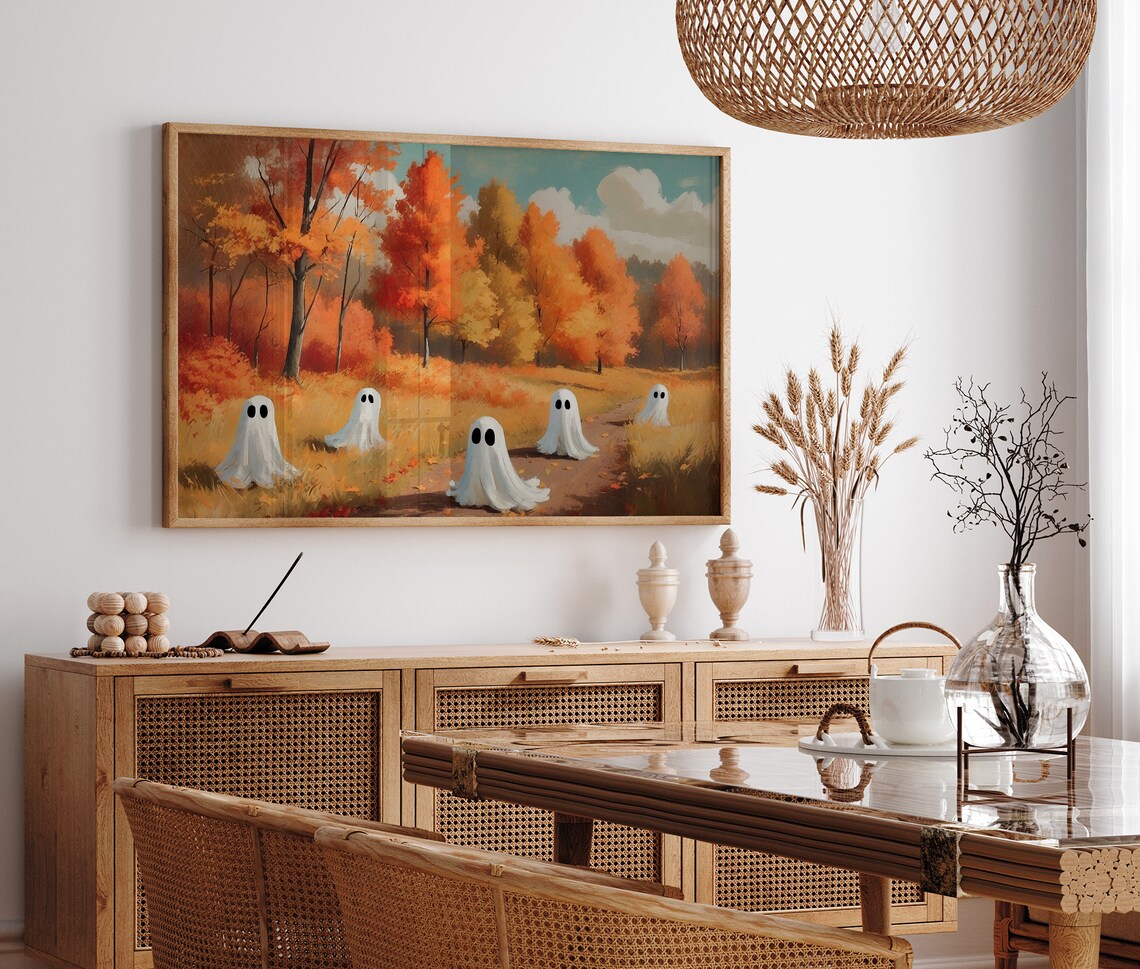 Five Cute Ghosts Wandering A Golden Autumn Forest Path Vintage Halloween Poster - Image 4