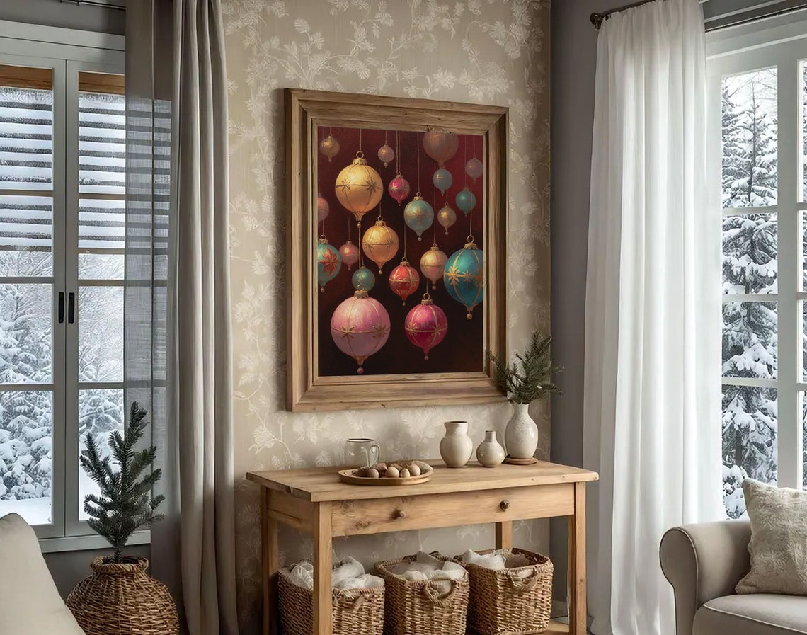 Colorful Christmas Ornaments Baubles On Deep Dark Red Wall Art - Image 5